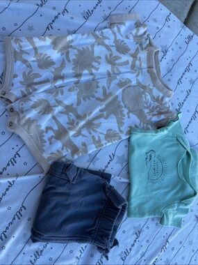 Carter's Neutral Palm Print Onesie with Aqua Tee and Navy Shorts